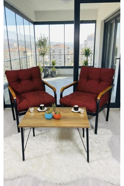 Madame Home Lale Balkon, Bahçe, Cafe  Metal Kanepe Koltuk Takımı 2 Tekli + Sehpa Bordo ürün görseli 1