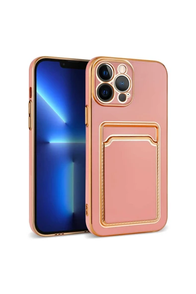 Coverzone Iphone 13 Ile Uyumlu Dikişli Kartlıklı Serta Silikon Kılıf Rosegold ürün görseli 1