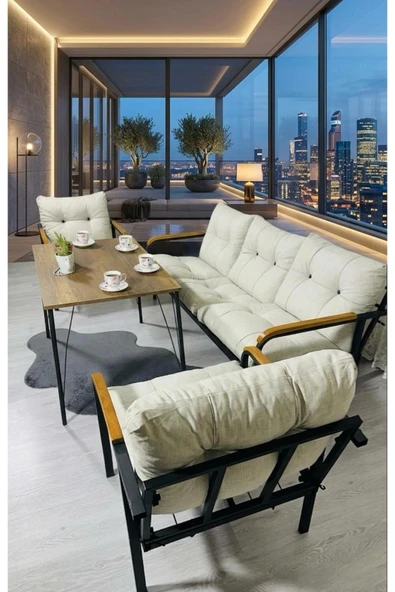 Madame Home Krem Balkon, Bahçe, Cafe - Salon - Metal Kanepe Koltuk Takımı 3+1+1 + Masa Krem ürün görseli 1