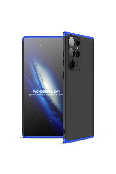 Coverzone Galaxy S22 Ultra Ile Uyumlu Kılıf 3 Parça 360 Soft Hard Koruma Siyah-mavi ürün görseli 1