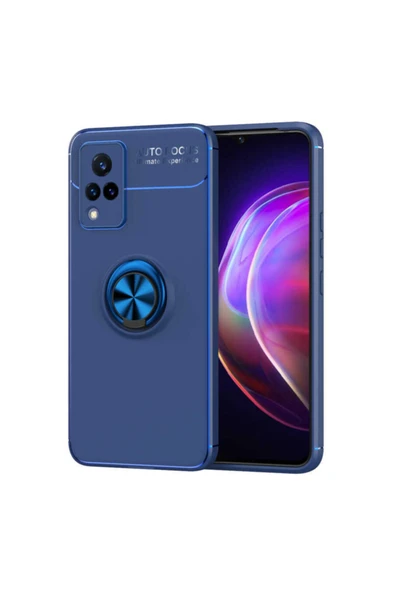 Coverzone Vivo V21  Uyumlu    Yüzük Tutuculu Mıktanıslı , Standlı Novel Silikon Kılıf Mavi ürün görseli 1