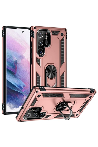 Coverzone Galaxy S22 Ultra Ile Uyumlu Kılıf Shockprof Yüzük Tutuculu Vega Rosegold ürün görseli 1