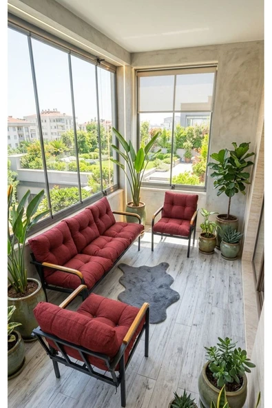Madame Home Bordo Balkon, Bahçe, Cafe - Metal Kanepe Koltuk Takımı - 3+1+1 Bordo ürün görseli 1