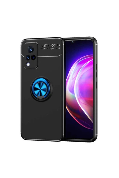 Coverzone Vivo V21  uyumlu  Yüzük Tutuculu Mıktanıslı , Standlı Novel Silikon Kılıf Siyah-mavi ürün görseli 1