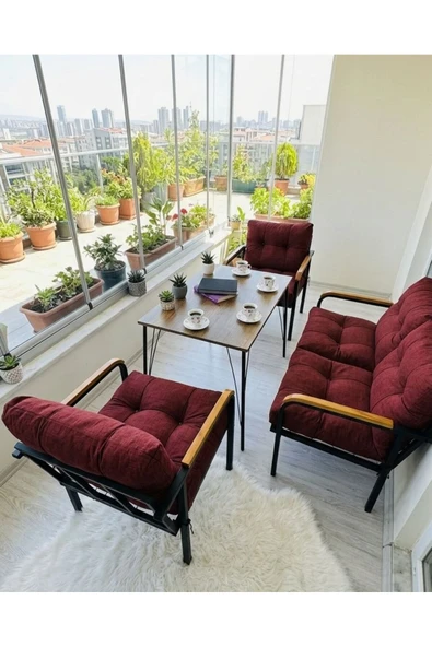 Madame Home Bordo Balkon, Bahçe, Cafe - Salon - Metal Kanepe Koltuk Takımı 3+1+1 + Masa Bordo ürün görseli 1