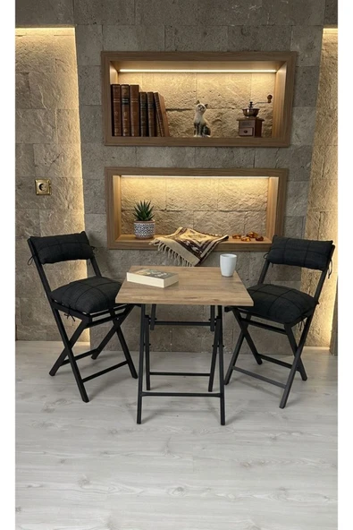 Sofmina Balkon Bahçe Mutfak 3'lü Bistro Set Katlanır 2 Sandalye 1 Masa Siyah ürün görseli 1