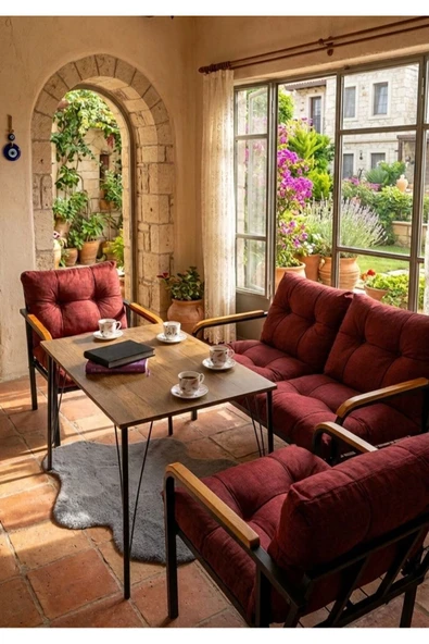 Madame Home Bordo Balkon, Bahçe,Teras,Cafe - Salon - Metal Kanepe Koltuk Takımı - 2+1+1 + Masa Bordo ürün görseli 1