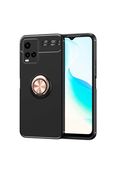 Coverzone Vivo Y21s Kılıf Ravel Yüzük Tutuculu Standlı Silikon Siyah-rosegold ürün görseli 1