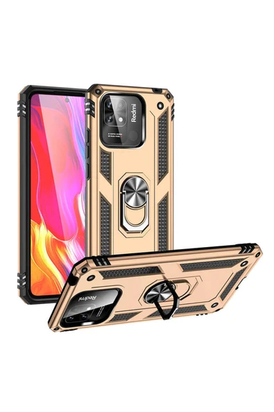 Coverzone Xiaomi Redmi 10c Ile Uyumlu Kılıf Shockproof Standlı Yüzük Tutuculu Mega Case Gold ürün görseli 1