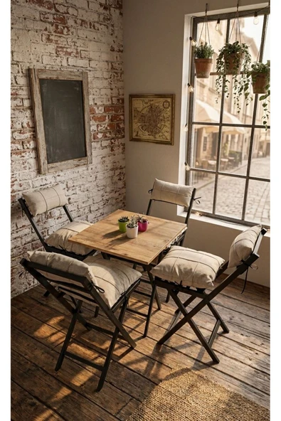 Sofmina Minderli Balkon Bahçe Mutfak Bistro Set Katlanır 4+1 Masa-sandalye Bej ürün görseli 1