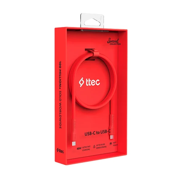 Ttec USB-C - USB-C 120cm 60W PD/QC Hızlı Şarj/Data Kablosu Neon Kırmızı ürün görseli 1