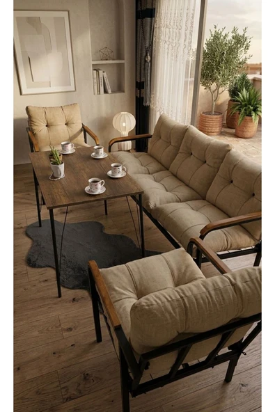 Madame Home Açelya Balkon, Bahçe, Cafe - Salon - Metal Kanepe Koltuk Takımı 3+1+1 + Masa Açık Gri ürün görseli 1