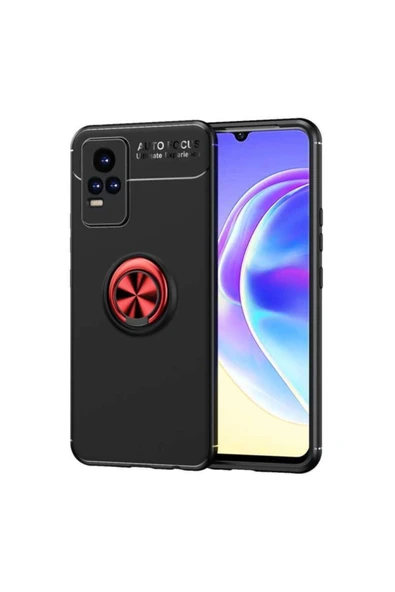 Coverzone Vivo V21e  Uyumlu    Yüzük Tutuculu Mıktanıslı , Standlı Novel Silikon Kılıf Siyah-kırmızı ürün görseli 1