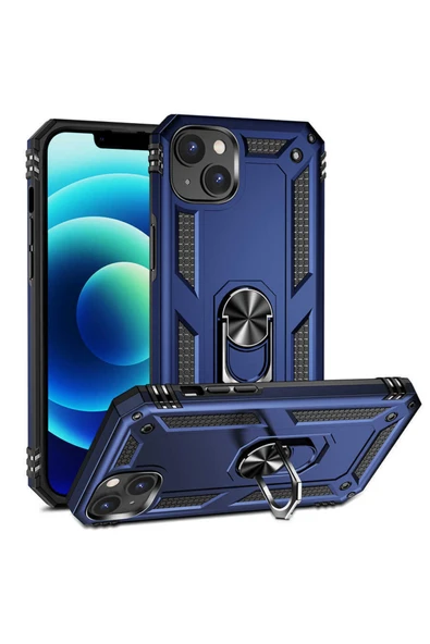 Coverzone Iphone 14 Ile Uyumlu Kılıf Shockproof Zırhlı Kauçuk Yüzük Tutuculu 360 Derece Lacivert ürün görseli 1