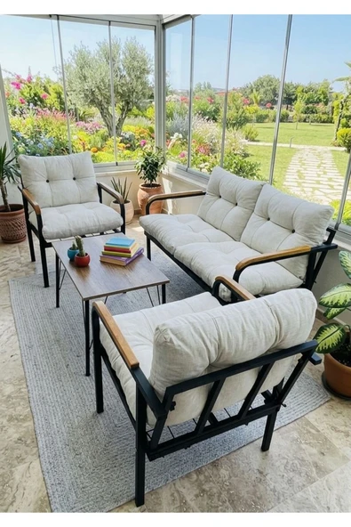 Madame Home Krem Balkon, Bahçe,teras,cafe - Salon - Metal Kanepe Koltuk Takımı - 2 1 1 Sehpa Krem ürün görseli 1