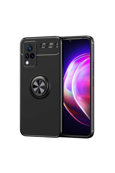 Coverzone Vivo V21 Uyumlu   Yüzük Tutuculu Mıktanıslı , Standlı Novel Silikon Kılıf Siyah ürün görseli 1