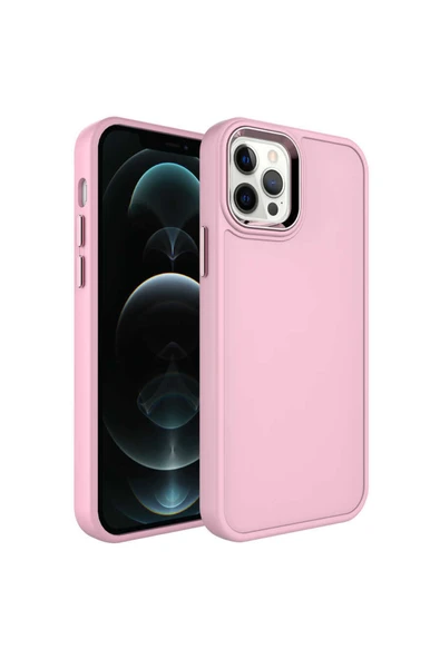 Coverzone Iphone 12 Pro Max Ile Uyumlu Kılıf Metal Çerçeve Tasarımlı Pastel Renkli Sert Ebullience Pembe Açık ürün görseli 1