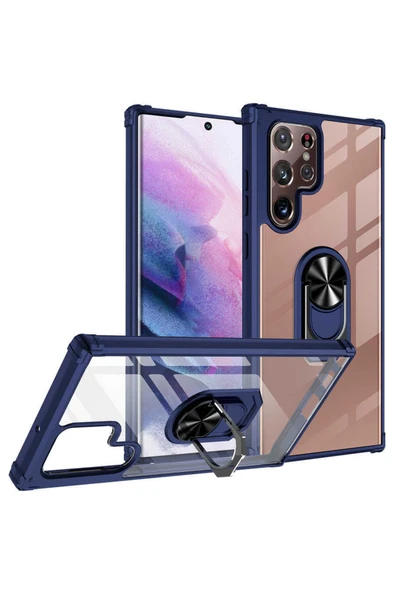 Coverzone Galaxy S22 Ultra Ile Uyumlu Kılıf Yüzük Tutuculu Standlı Freez Lacivert ürün görseli 1