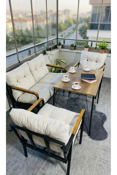 Madame Home Krem Balkon, Bahçe,Teras,Cafe - Salon - Metal Kanepe Koltuk Takımı - 2+1+1 + Masa Krem ürün görseli 1