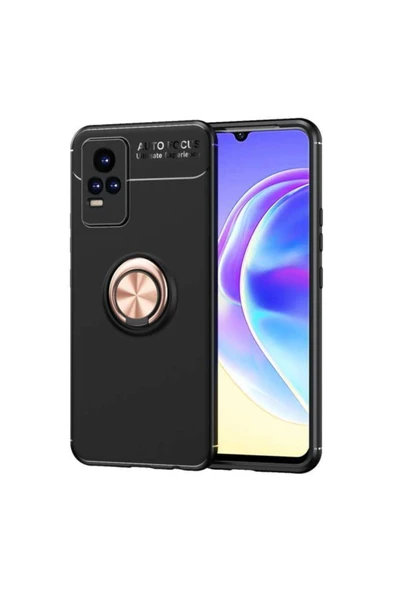 Coverzone Vivo V21e Yüzük Tutuculu Mıktanıslı , Standlı Novel Silikon Kılıf Siyah-rosegold ürün görseli 1