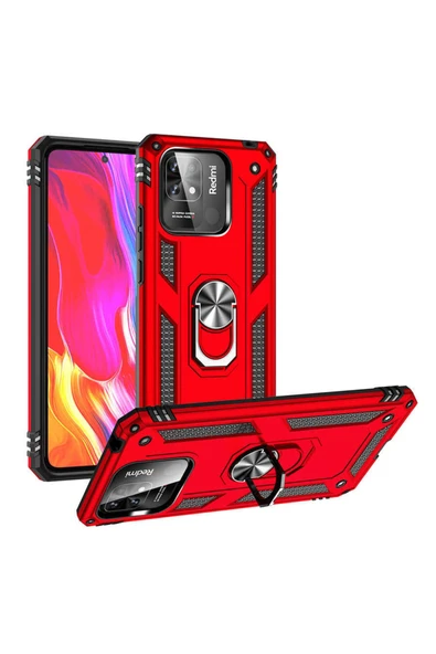 Coverzone Xiaomi Redmi 10c Ile Uyumlu Kılıf Shockproof Standlı Yüzük Tutuculu Mega Case Kırmızı ürün görseli 1