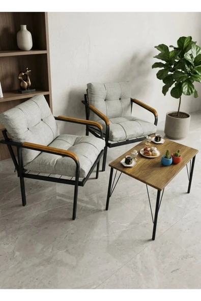 Madame Home Lale Balkon, Bahçe, Cafe  Metal Kanepe Koltuk Takımı 2 Tekli + Sehpa Açık Gri ürün görseli 1