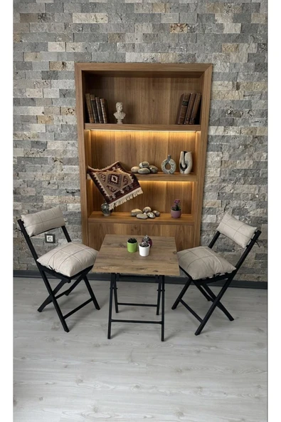 Sofmina Balkon Bahçe Mutfak 3'lü Bistro Set Katlanır 2 Sandalye 1 Masa Bej ürün görseli 1