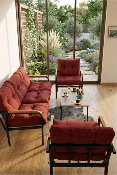 Madame Home Bordo Begonvil Balkon, Bahçe - Metal Kanepe Koltuk Takımı 3+1+1 + Sehpa Bordo ürün görseli 1