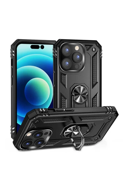 Coverzone Iphone 14 Pro Max Ile Uyumlu Kılıf Shockproof Zırhlı Kauçuk Yüzük Tutuculu 360° Siyah ürün görseli 1
