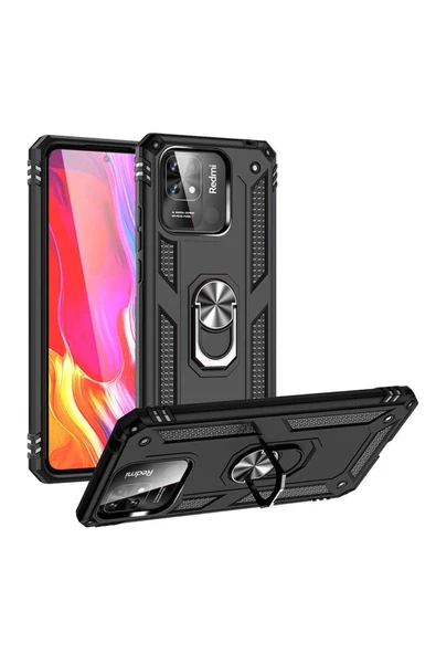 Coverzone Xiaomi Redmi 10c Ile Uyumlu Kılıf Shockproof Standlı Yüzük Tutuculu Mega Case Siyah ürün görseli 1