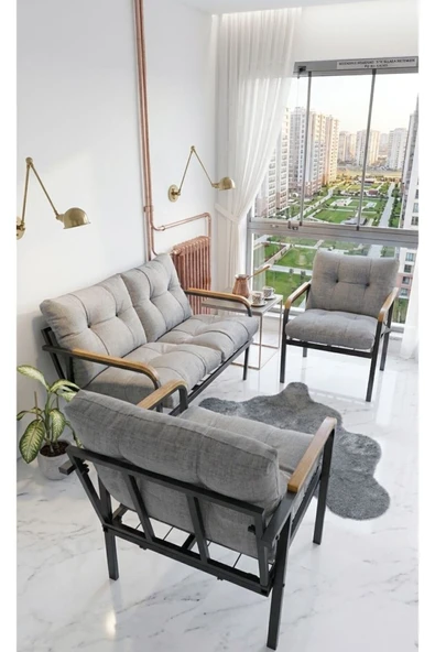 Madame Home Gri Balkon, Bahçe,Teras,Cafe - Salon - Metal Kanepe Koltuk Takımı Çay Seti 2+1+1 Açık Gri ürün görseli 1