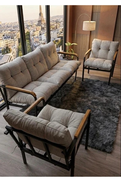 Madame Home Gri Balkon, Bahçe, Cafe - Metal Kanepe Koltuk Takımı - 3+1+1 Açık Gri ürün görseli 1