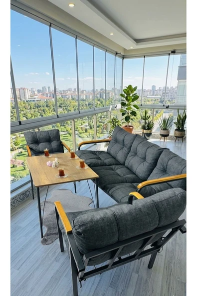 Madame Home Açelya Balkon, Bahçe, Cafe - Salon - Metal Kanepe Koltuk Takımı 3+1+1 + Masa Antrasit ürün görseli 1