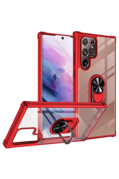 Coverzone Galaxy S22 Ultra Ile Uyumlu Kılıf Yüzük Tutuculu Standlı Freez Kırmızı ürün görseli 1