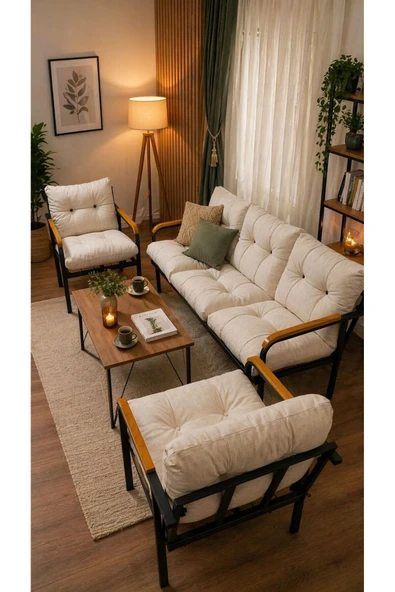 Madame Home Krem Balkon, Bahçe - Metal Kanepe Koltuk Takımı 3+1+1 + Sehpa Krem ürün görseli 1