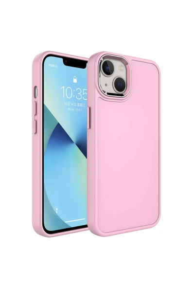 Coverzone Iphone 14 Ile Uyumlu Kılıf Metal Çerçeve Tasarımlı Pastel Renkli Sert Ebullience Pembe Açık ürün görseli 1