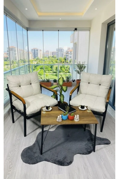 Madame Home Krem Balkon, Bahçe, Cafe Metal Kanepe Koltuk Takımı 2 Tekli + Sehpa Krem ürün görseli 1