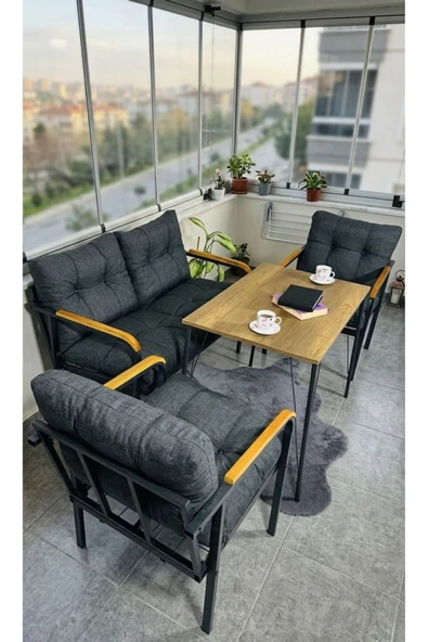 Madame Home Kadife Balkon, Bahçe,Teras,Cafe - Salon - Metal Kanepe Koltuk Takımı - 2+1+1 + Masa Antrasit ürün görseli 1