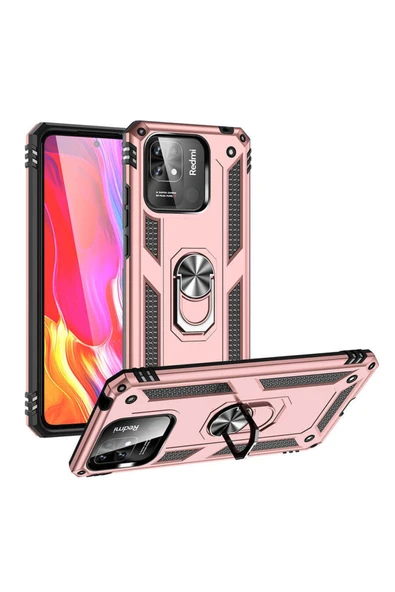 Coverzone Xiaomi Redmi 10c Ile Uyumlu Kılıf Shockproof Standlı Yüzük Tutuculu Mega Case Rosegold ürün görseli 1