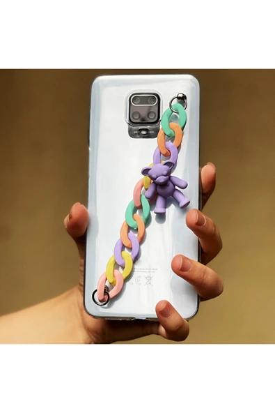 Coverzone Galaxy A70 Kılıf Renkli Zincir Aparatlı Ayıcık Süslü Casebear Süper Şeffaf Silikon ürün görseli 1