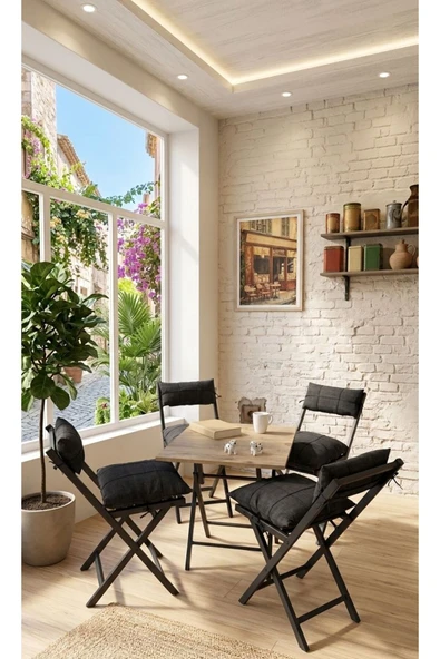 Sofmina Minderli Balkon Bahçe Mutfak Bistro Set Katlanır 4+1 Masa-sandalye Siyah ürün görseli 1