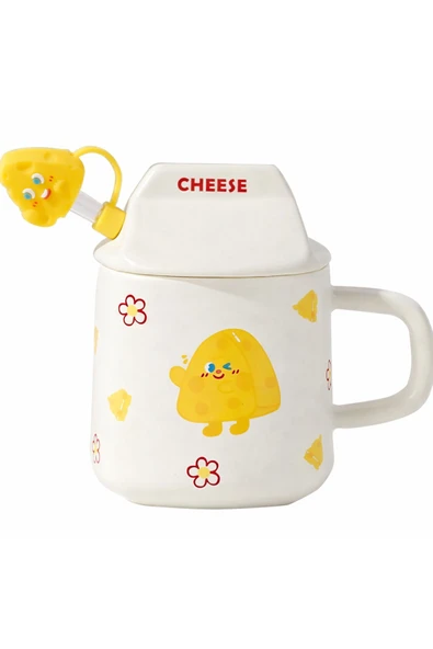 Coverzone Sevimli Cheese Figürlü Kapaklı Seramik Mug 300ml Kahve Kupası Kaşıklı Tasarım | Cheese ürün görseli 1