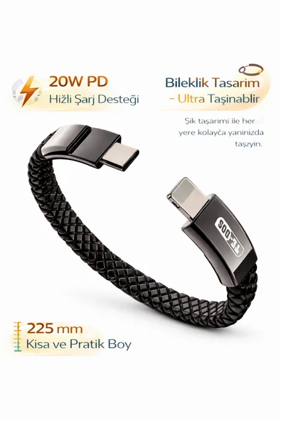 Coverzone 20W PD Type-C to Lightning Bileklik Şarj Kablosu Kısa Taşınabilir Örgü Tasarım | UC2110TC-IP ürün görseli 1