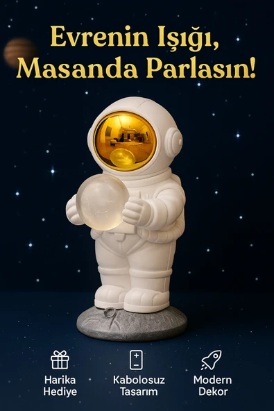 Coverzone Astronot Figür Masa Lambası - 16cm Işıklı Kablosuz Pilli Modern Dekoratif Masa Üstü Lamba ürün görseli 1