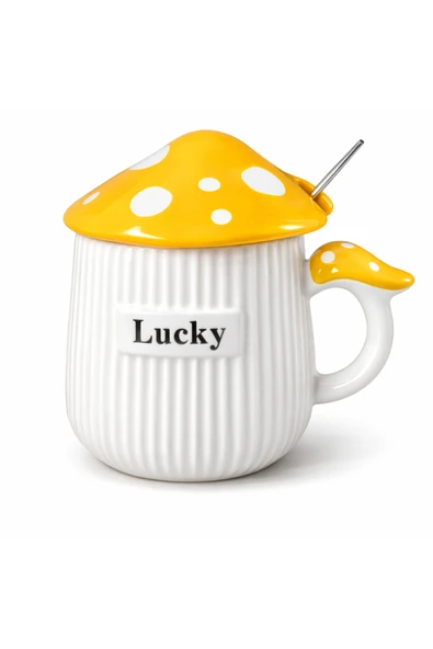 Coverzone Sevimli Lucky Mantar Figürlü Kapaklı Seramik Mug 300ml Kahve Kupası Kaşıklı Tasarım | Lucky Mantar ürün görseli 1