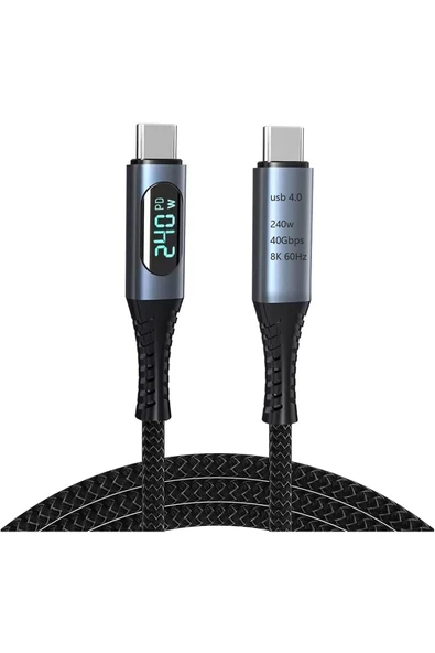 Coverzone 240W USB 4.0 Kablosu, Led Ekranlı, Tunderbolt 40Gbps 8K@60Hz PD Tip C Kablosu 1 Metre ZR850 Uyumlu ürün görseli 1