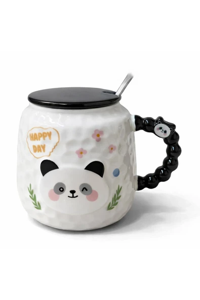 Coverzone Sevimli Happyday Panda Figürlü Kapaklı Seramik Mug 300ml Kahve Kupası Kaşıklı | Happyday Panda ürün görseli 1