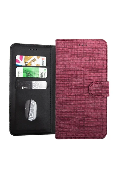Coverzone Samsuıng Galaxy A20 Kılıf Standlı Kartvizitli Ve Para Gözlü Kumaş Desen Pembe Koyu ürün görseli 1