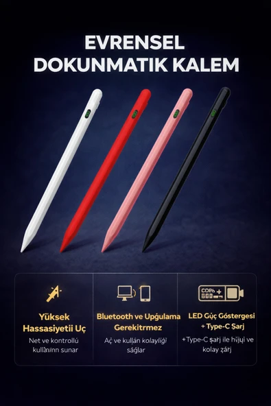 Coverzone Universal Dokunmatik Stylus Kalem Type-C Şarjlı LED Göstergeli Hassas Uçlu ZR61 ürün görseli 1