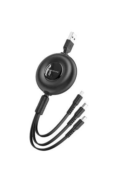 Borofone BX74 Makaralı 3 in 1 Şarj Kablosu (Type-C + Lightning + Micro USB) 1m - Siyah ürün görseli 1